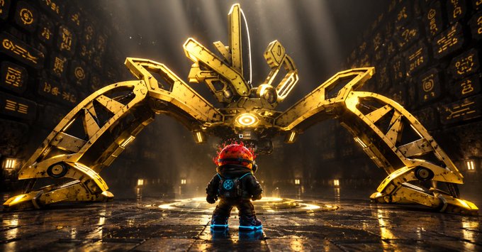 A small figure in a red helmet stands facing a massive golden mechanical spider-like structure in a dark, rune-covered chamber, evoking the feeling of a crypto adventurer encountering a formidable guardian. The image's "wrong side of it" sentiment is reflected in the tiny explorer confronting an imposing, golden obstacle, much like a user facing an unforgiving whitelist filter that evaluates their contributions across multiple chains (EVM, Bitcoin, etc.).