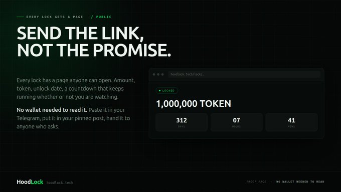 HoodLock website landing page featuring the slogan 'SEND THE LINK, NOT THE PROMISE,' advertising a tool that allows users to lock crypto tokens in a public page without needing a wallet to view the unlock details.