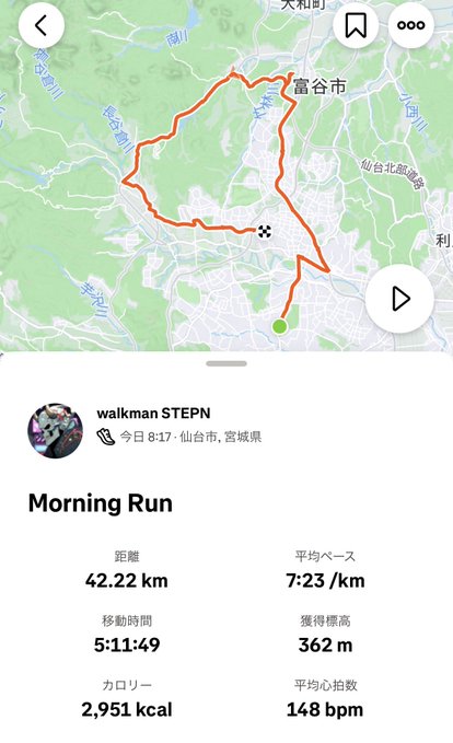 The image shows a map of a route with a person's name, "WALKMAN", and their location marked as "MORPHO" along with the distance traveled at various points during the day. The map also displays the time when the walker started their journey, which is around 22:55.