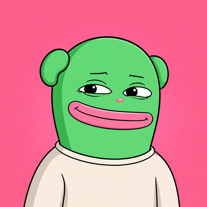 A green cartoon bear-like character with a smug expression and a wide pink smirk stands against a hot pink background, humorously capturing the "scheming grin" vibe of someone plotting to win a giveaway.