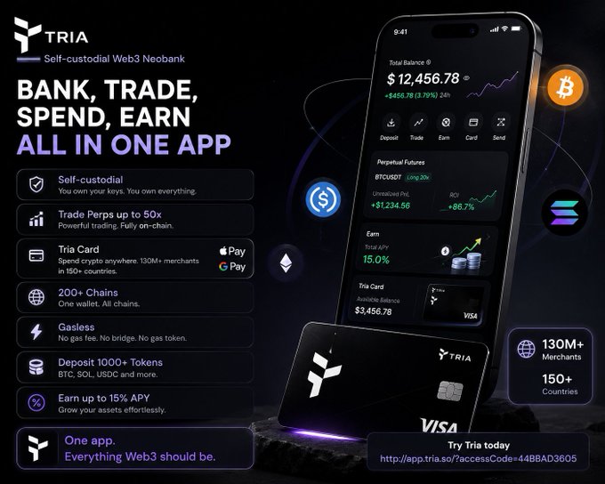 The image features an advertisement for a mobile payment app by Tria, which has been described as complicated or confusing due to its various features, including wallets, bridges, gas tokens, cards, and tokens. The main focus of the advertisement is the trade of cryptocurrencies across different wallets, and it includes screenshots of several apps displaying their features on a cell phone screen.