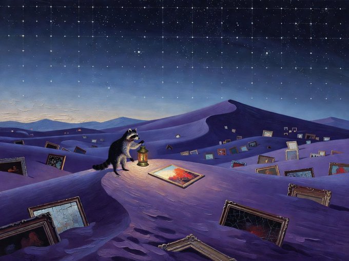 A surreal painting depicts a raccoon holding a lantern in a purple desert landscape scattered with framed paintings under a starry night sky.