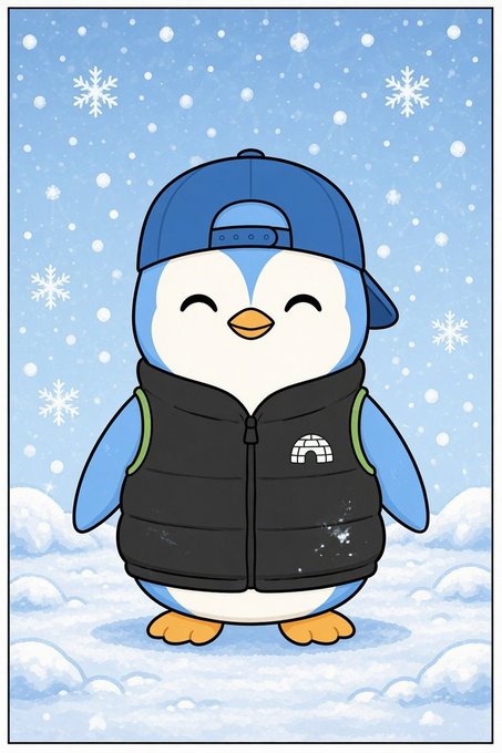 A cute cartoon penguin wearing a blue backward baseball cap and a black puffer vest stands smiling in a snowy landscape with falling snowflakes.