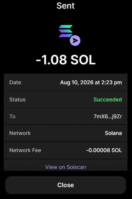 A transaction receipt shows 1.08 SOL successfully sent to a wallet address on the Solana network on Aug 10, 2026, illustrating the generous SOL tip referenced in the post.