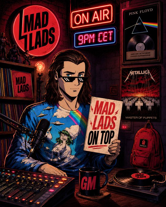 The image is a stylized illustration of a long-haired figure wearing pixelated "deal with it" sunglasses, sitting at a radio broadcast setup with neon "ON AIR" and "9PM CET" signs, surrounded by music memorabilia including Pink Floyd's Dark Side of the Moon and Metallica's Master of Puppets posters, while holding a "MAD LADS ON TOP" book and a red backpack—visualizing the Mad Lads NFT community's 9PM CET town hall announcement on Backpack.