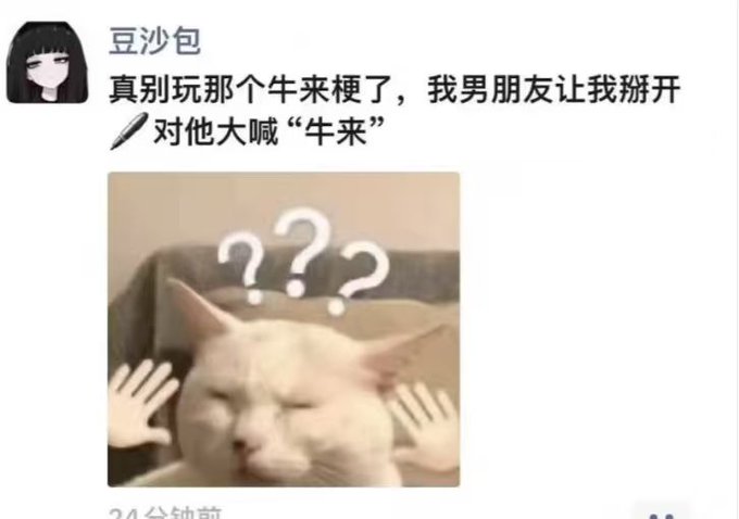 A Chinese social media post from user '豆沙包' featuring text about not playing a stick game ('牛来梗') and a meme image of a confused white cat with '???' floating above its head.