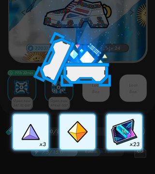 A mobile game screen showing a reward/loot box animation with a blue glow, displaying in-game items including triangular crystals (x3), an orange diamond (x1), and what appears to be a card pack (x23).