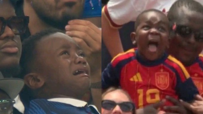 A side-by-side meme showing a young Black boy crying in disbelief at a sports event; on the right, the same boy is seen wearing a red Spain national team jersey and cheering enthusiastically.