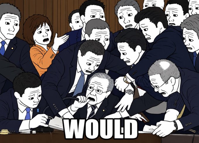 The image features a cartoon depiction of a man wearing a suit, surrounded by other men dressed similarly, all appearing to be in a courtroom setting. The caption below the image reads "WOJAK on ETH is the goat". This phrase is likely a reference to a popular meme or joke involving a goat and the word "eth", which has been used as an inside joke among some of the people present in this scene.