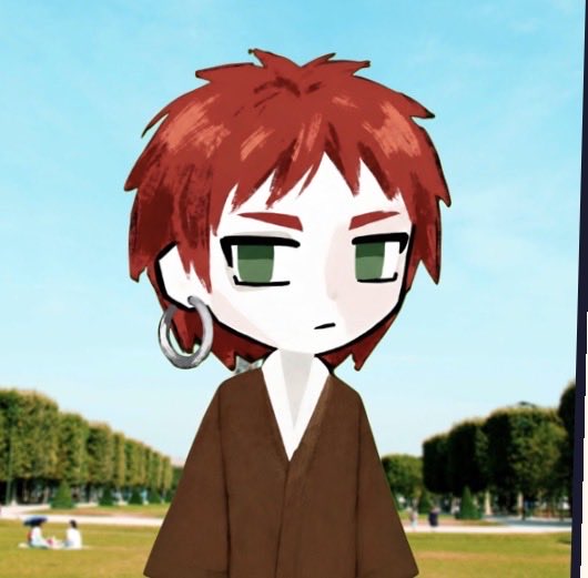 A Gacha Life-style animated character with red hair, green eyes, and a silver hoop earring stands in a brown robe against a park background.