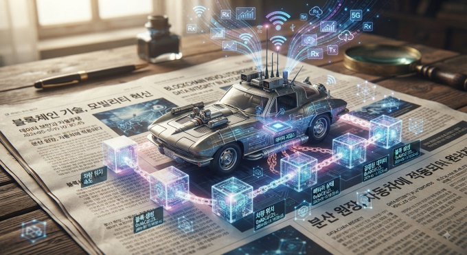 A miniature armored vehicle with glowing Wi-Fi, 5G, and blockchain icons emerges from a newspaper page covered in Korean text, symbolizing the convergence of physical industries and digital connectivity. The futuristic scene reflects Amoblock's weekly news summary highlighting blockchain's expanding role across diverse sectors like mobility, energy, and communications.