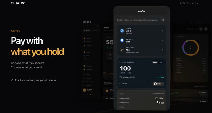 A dark-themed promotional graphic for the Mane app features the headline 'Pay with what you hold' alongside a phone mockup showing the AnyPay interface with options to convert USDC to Base network assets, displaying a receive quantity of 100 USDC.