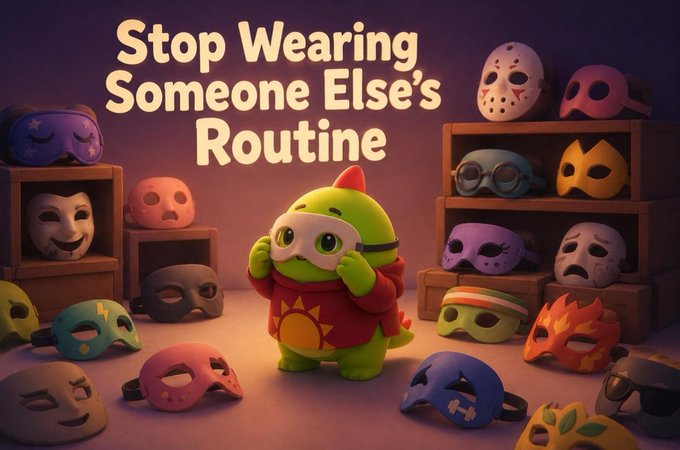 A 3D illustration with the text 'Stop Wearing Someone Else's Routine' featuring a green dinosaur character trying on a superhero mask amid a collection of various colorful masks.