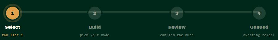 A dark green progress tracker displays a four-step burn flow: Step 1 "Select" is highlighted in yellow with the instruction "two Tier 1," followed by Step 2 "Build" ("pick your mode"), Step 3 "Review" ("confirm the burn"), and Step 4 "Queued" ("awaiting reveal"). The visual illustrates the post's mechanic of burning two Tier 1 NFTs to unlock Tier 2 benefits, including RWA allocation, performance fees, and token raise access.