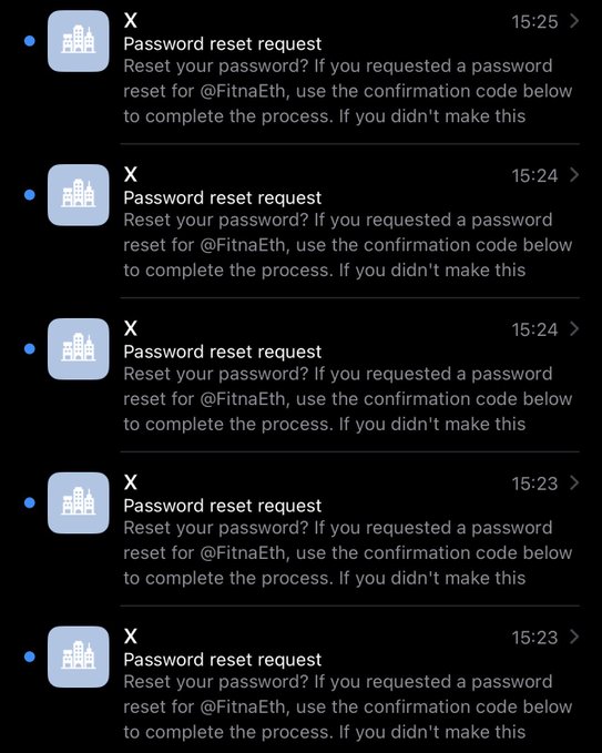 A smartphone notifications screen showing multiple identical X (Twitter) password reset request emails for the handle @FitnaEth, all received within minutes of each other.