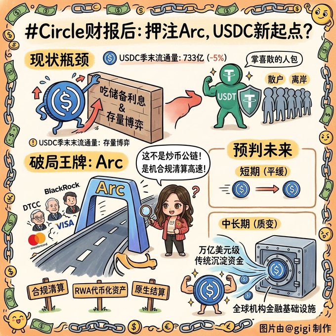 A Chinese-language infographic titled '#Circle财报后: 押注Arc, USDC新起点?' (After Circle's earnings report: Bet on Arc, a new starting point for USDC?) discussing USDC's market position, Arc blockchain, and future predictions, credited to @gigi.