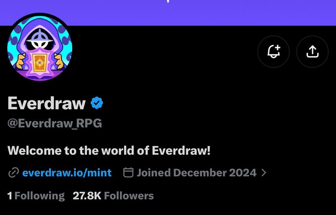A Twitter/X profile page for 'Everdraw' (@Everdraw_RPG) with 27.8K followers, featuring a cartoon avatar and a welcome message with a link to everdraw.io/mint.