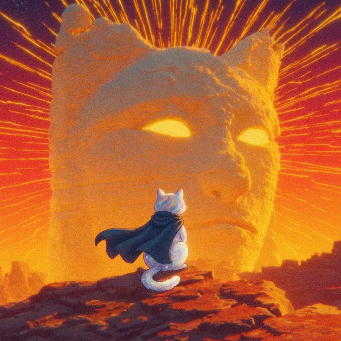 A digital artwork of a small cat-like creature wearing a dark cape, standing on a rocky cliff and facing a massive glowing stone face with fiery eyes against an orange sky.