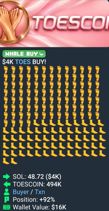 A TOESCOIN cryptocurrency promotional graphic showing a 'WHALE BUY' alert for $4K worth of purchases, displaying numerous toe icons with transaction details including SOL at 48.72 ($4K) and a wallet value of $16K.