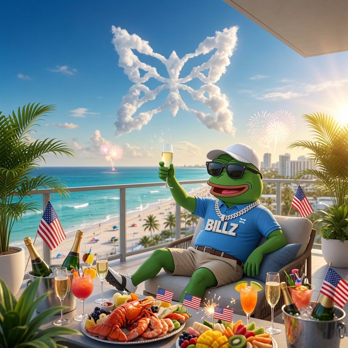 An AI-generated image of a green frog wearing sunglasses and a 'BILLZ' shirt, relaxing on a luxury beach balcony with American flags, champagne, seafood, and fireworks in the sky.