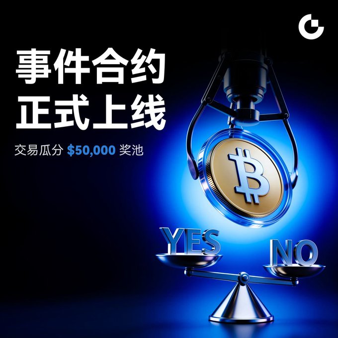 Promotional graphic with Chinese text "事件合约正式上线" announcing the launch of event contracts with a $50,000 prize pool, featuring a Bitcoin coin on a YES/NO scale.