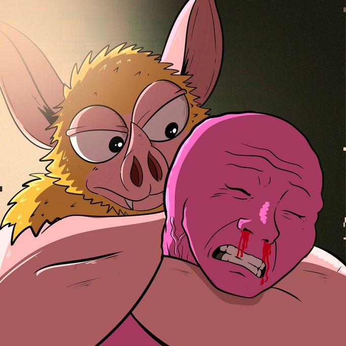 An illustration of a large, yellow-furred creature with large ears holding a pink-skinned, injured man. The image serves as a metaphorical representation of the "keep the faith" sentiment by depicting a protector embracing a sufferer.