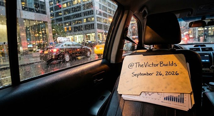 A view from the back seat of a vehicle looking out the rain-streaked window at city traffic. A white folder rests on the seat, bearing the handwritten text '@TheVictorBuilds' and 'September 26, 2026'.