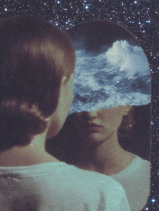 A surreal, dreamy collage featuring a person looking into a mirror that reflects crashing ocean waves, all set against a starry night sky background.