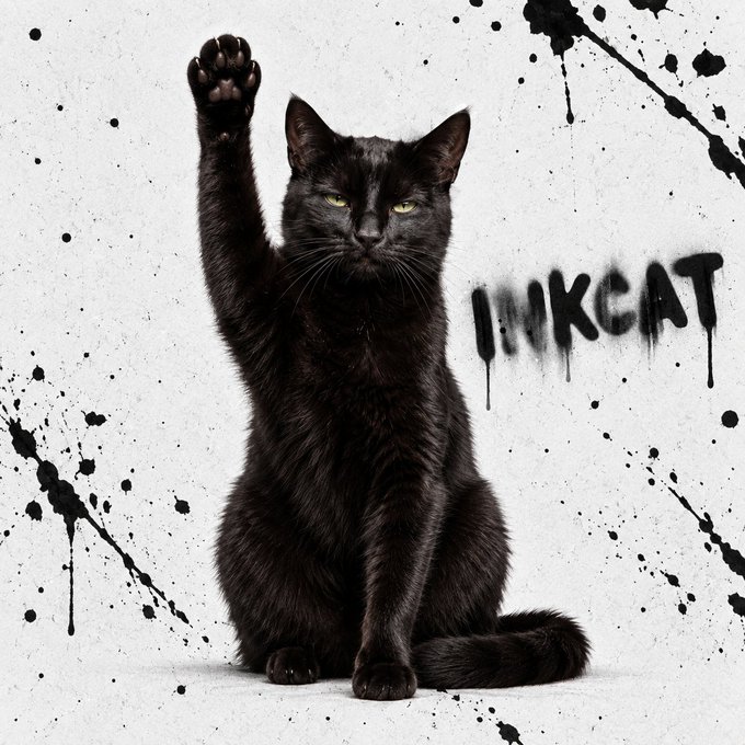 Stylized image of a black cat raising one paw against a white background with black ink splatters, accompanied by the graffiti-style text 'INKCAT'.