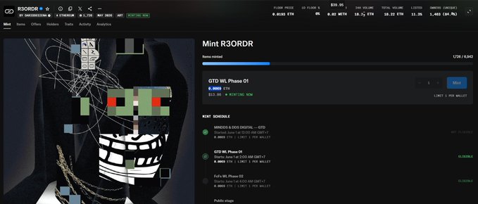 The image shows a computer screen displaying a website called "GTD" with a picture of a person's face, possibly a mask or a cartoon character. The website appears to be related to gaming, as indicated by the presence of a game on the screen. The image also contains text that reads "Just minted my @R3ORDR 0.0069 Eth ( 3x not bad ) ... ngl that' s a lot but watch them cook thank @0xAlphaGEMs for GTD". This suggests that the website might be promoting or discussing a new game, and it is likely to be related to gaming or technology.