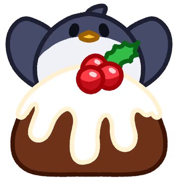 A cartoon illustration of a Christmas pudding decorated with holly berries, topped with a cute blue and white penguin character peeking out.