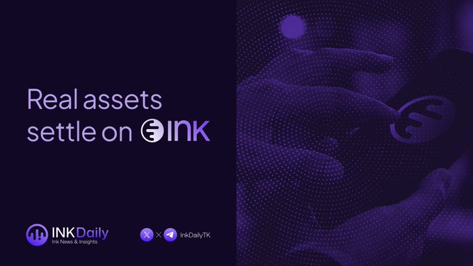 A promotional graphic with purple branding stating 'Real assets settle on INK' featuring a stylized hand holding a token, with 'INK Daily' logo and social handle @InkDailyTK at the bottom.