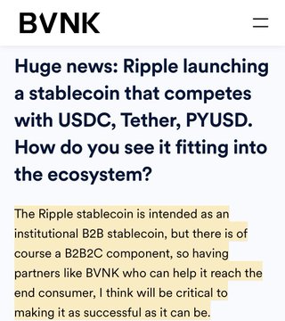 A BVNK news snippet headlined 'Huge news: Ripple launching a stablecoin that competes with USDC, Tether, PYUSD,' discussing Ripple's institutional B2B stablecoin and the role of B2B2C partners like BVNK.
