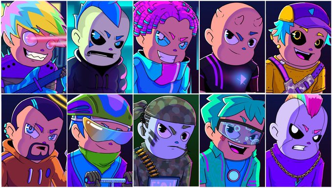 A grid of ten colorful cartoon character portraits in a vibrant, stylized art style.