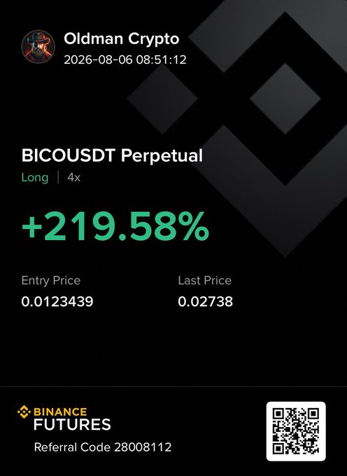 A trading screenshot from "Oldman Crypto" dated 2026-08-06 shows a closed long position on BICOUSDT Perpetual at 4x leverage with a profit of +219.58%, with the entry price at 0.0123439 and last price at 0.02738, displaying a Binance Futures referral code (28008112). The image visually confirms the successful close of the $BICO trade mentioned in the post, showcasing the substantial gain achieved on the position.