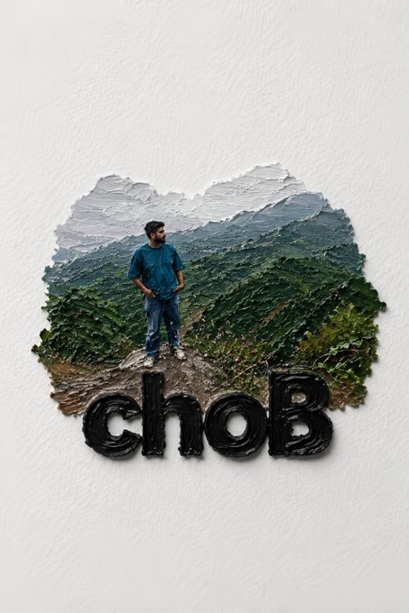An artistic composition featuring a man standing in a mountain landscape, displayed within a torn-paper style opening with the bold 3D text 'chob' below it on a textured white background.