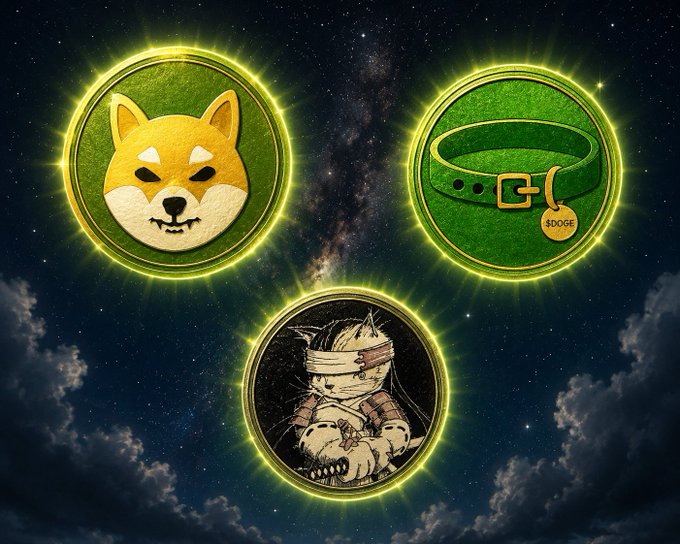 Three meme coins floating against a starry night sky background: a Shiba Inu dog face coin (top left), a green Doge collar coin (top right), and a cat coin with a dagger (bottom center).
