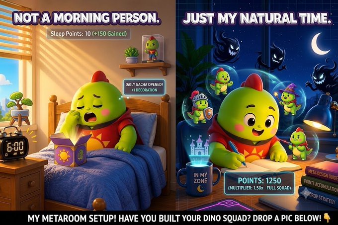 A split image showing a green dinosaur character gaming setup titled "NOT A MORNING PERSON" (Sleep Points: 10) and "JUST MY NATURAL TIME" (Points: 1250, Multiplier: 1.50x - Full Squad), with text "MY METAROOM SETUP! HAVE YOU BUILT YOUR DINO SQUAD? DROP A PIC BELOW!"