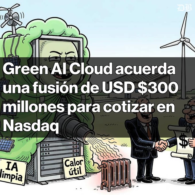 A Spanish-language cartoon illustration with the headline 'Green AI Cloud acuerda una fusión de USD $300 millones para cotizar en Nasdaq', depicting anthropomorphized AI servers and businessmen shaking hands next to wind turbines.