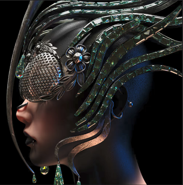 A profile view of an ornate digital sculpture titled "Royal Jewels" features a woman's face adorned with intricate metallic floral headwear, a mesh jewel-encrusted eye covering, and flowing decorative elements resembling stylized hair, with locations (-124, 89) noted for viewing the art piece at the AMAIXEN ART SUMMIT in Decentraland.