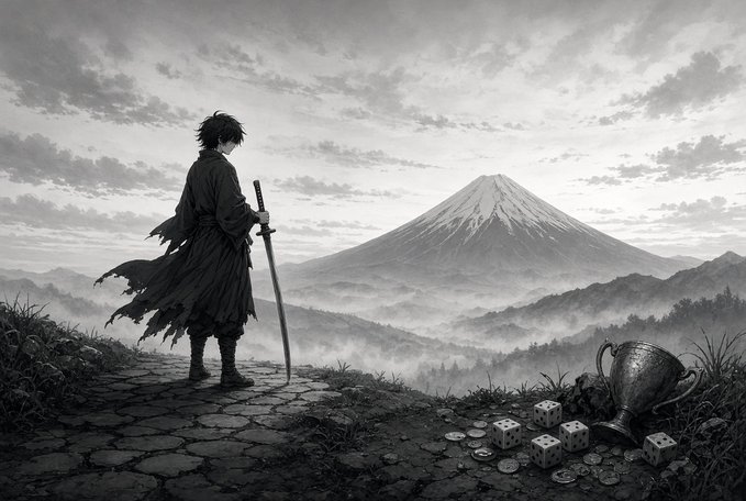A black-and-white illustration shows a lone swordsman in a tattered cloak standing on a rocky path with his katana, gazing toward a snow-capped Mount Fuji, with dice and a chalice resting in the foreground.