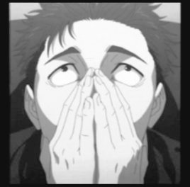 A black and white anime illustration of a man with his hands covering his mouth, looking upward with a serious expression.