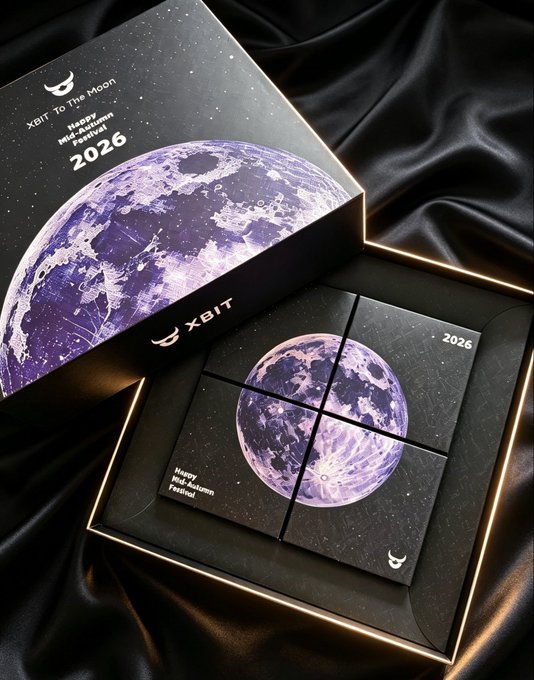 A product display of an 'XBIT To The Moon Happy Mid-Autumn Festival 2026' gift box featuring a purple moon design, shown both closed and open to reveal matching smaller boxes.