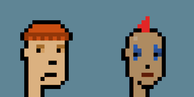 Two pixel-art character heads on a teal background — one wearing a red/orange beanie and another with a red mohawk and blue eyes.