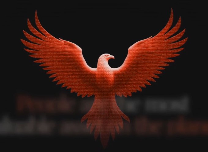 A red eagle with spread wings displayed against a dark background with a subtle cityscape below.
