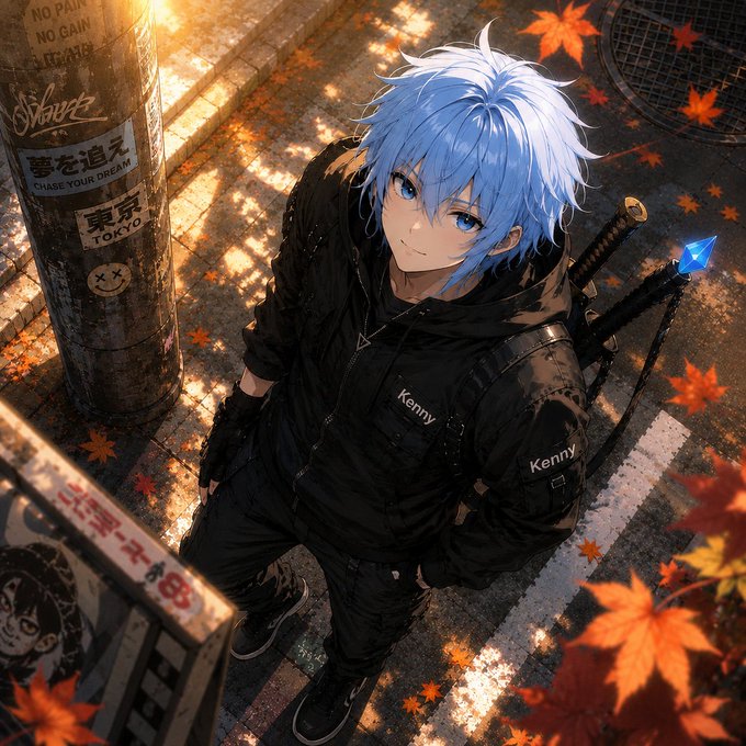 An anime-style illustration features a blue-haired character in a black jacket labeled 'Kenny' standing on a street scattered with autumn leaves, with a pole reading 'Shave', 'CHASE YOUR DREAM', and 'TOKYO' nearby.