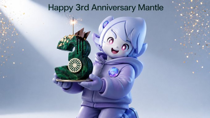 A 3D-rendered white-haired mascot in a purple hoodie joyfully holds a green cake shaped like the number '3' with a Bitcoin symbol, celebrating 'Happy 3rd Anniversary Mantle'.