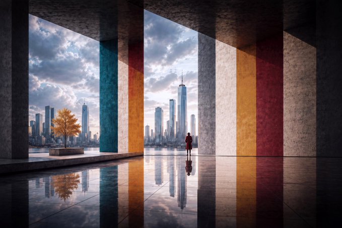 A surreal architectural interior with colorful pillars overlooking a cityscape, where a lone figure stands on a reflective floor next to a single autumn tree.