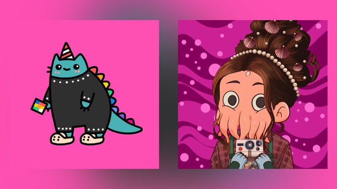 A vibrant pink-background graphic promoting a "Summer Giveaway" featuring an illustrated blue and black unicorn-cat-dinosaur hybrid holding a rainbow card on the left, and a stylized character with octopus-like tentacles covering their mouth holding a camera on the right, both representing NFT collections from @OctoPeepsNFTs, @chumchumsnft, and @simplecatnft.
