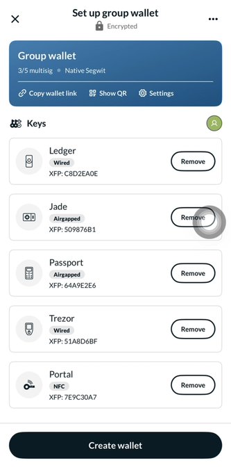 A mobile screenshot showing a "Set up group wallet" interface with options for Ledger (Wired), Jade (Airgapped), Passport (Airgapped), Trezor (Wired), and Portal (NFC) keys, each with XFP identifiers.
